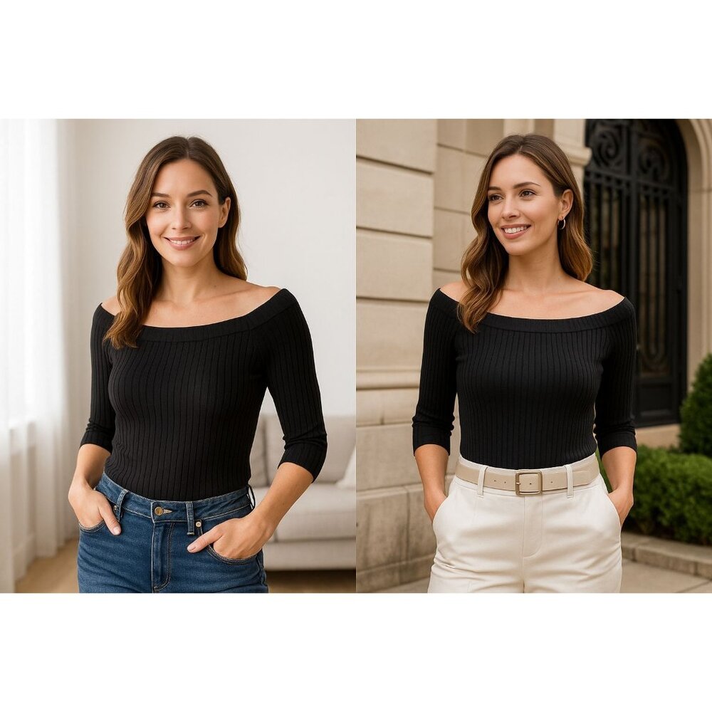 Ann Taylor Black M Ribbed Off-Shoulder Top – Quiet Luxury Minimalist Monochrome
